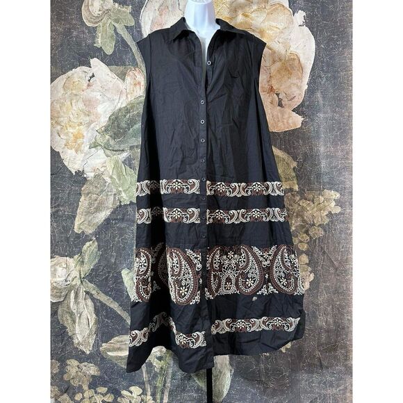 New Anthropologie Embroidered Midi Swing Black Shirt Dress Medium - Picture 10 of 13